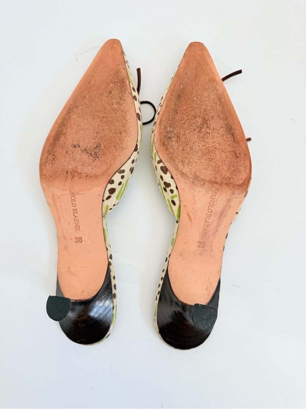 Vintage Manolo Blahnik Printed Bow Canvas Pointed Toe Kitten Heel Mules 38 - Picture 7 of 9